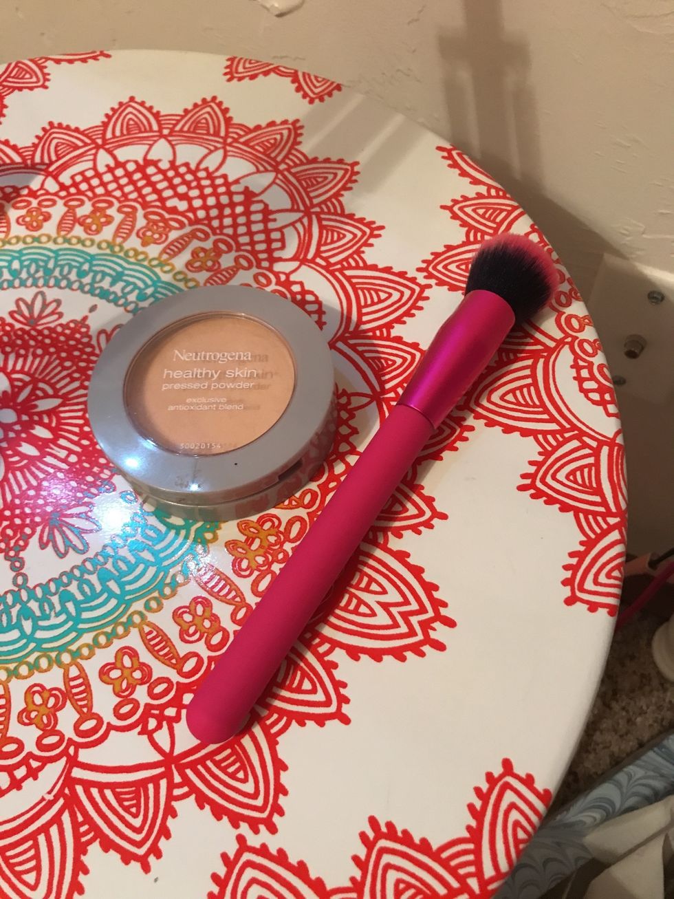 Step 1 Using powder and tool powder chin,nose, and forehead also any other spots with undesired facial blemishes