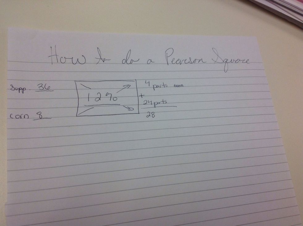 Step 1: You have you 2 products to make a 12% protein feed. - Cross subtract the supplements by the protein percentage. - Then add the two answers you get from the subtraction.