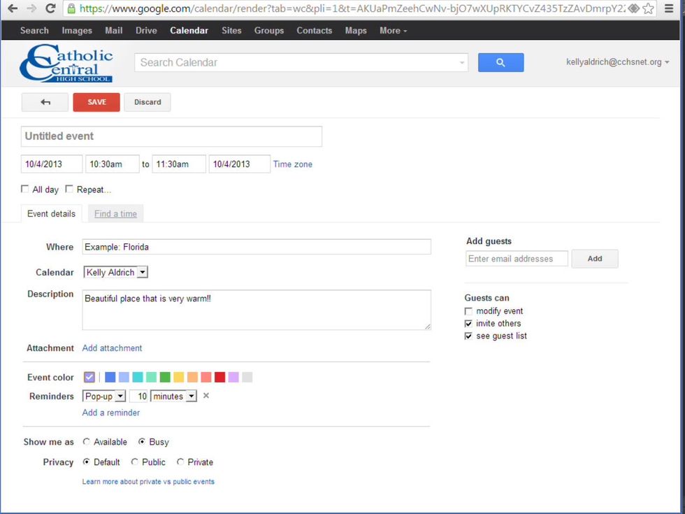 Step 10: Choose the color you want the event to be and set a reminder at the bottom of the page.
