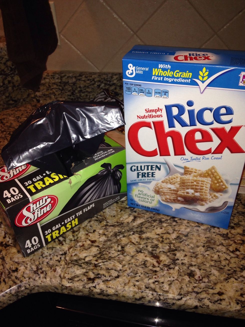 Step 11: Get out a kitchen trash bag and the Chex cereal.