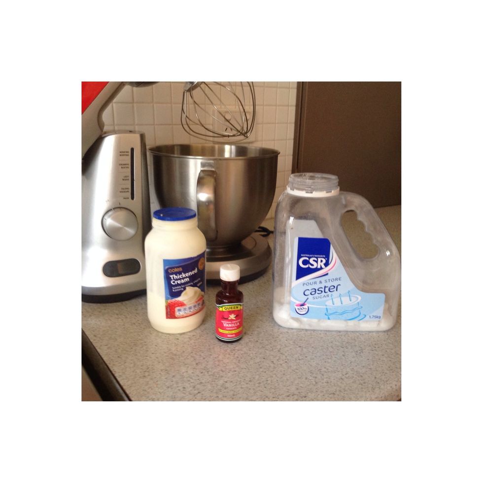 Step 11 ( optional ). While the cake is cooking put the thickened cream, vanilla extract and caster sugar into the blender and blend till light and fluffy. Put in the fridge to keep fresh.