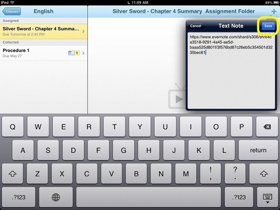 Step 12. You will find that once you click the "Paste" bubble a bunch of letters and numbers will appear in the text box, this in your works URL. Click the save button to officially save your work.