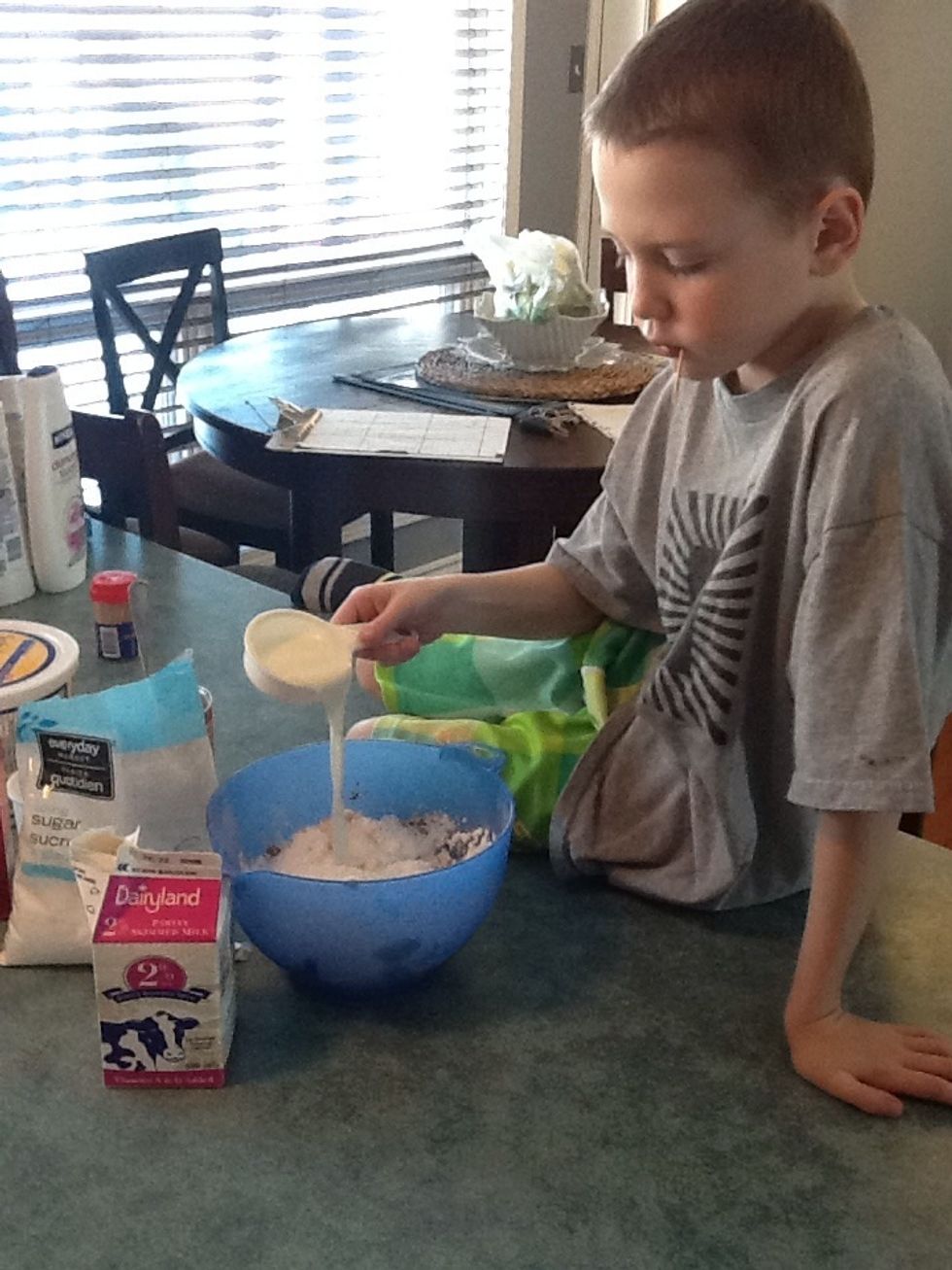 Step 13. Pour 1/3 cup of 2% milk into icing.