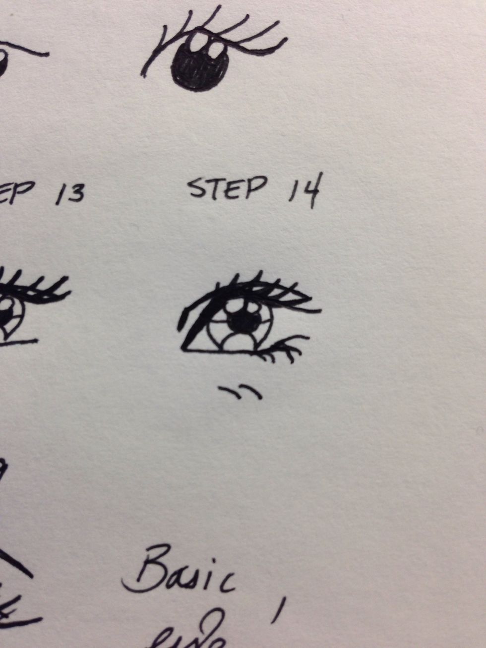 Step 14 Here i am doing a practice eye seeing where i can make it bold or shorter etc go ahead and try :) even practice drawing lashes