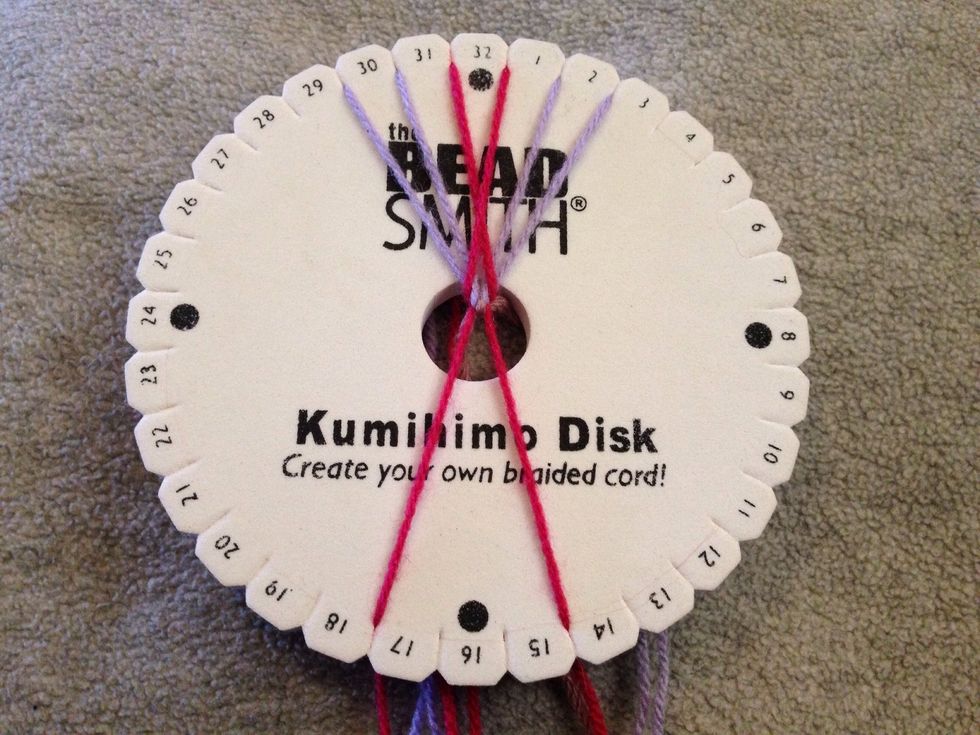 STEP 14 - Then bring thread 15 up to slit 32. Notice that the cross is still there? If it's not retrace your steps to see if you have gone wrong.