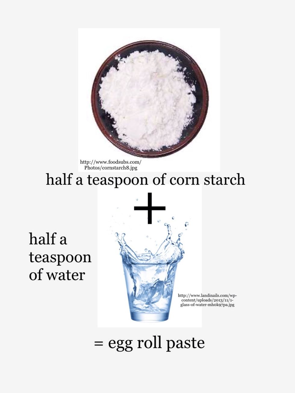 Step 15: Get a small bowl. Mix together half a teaspoon of corn starch and half a teaspoon of water. This will be your egg roll seal.