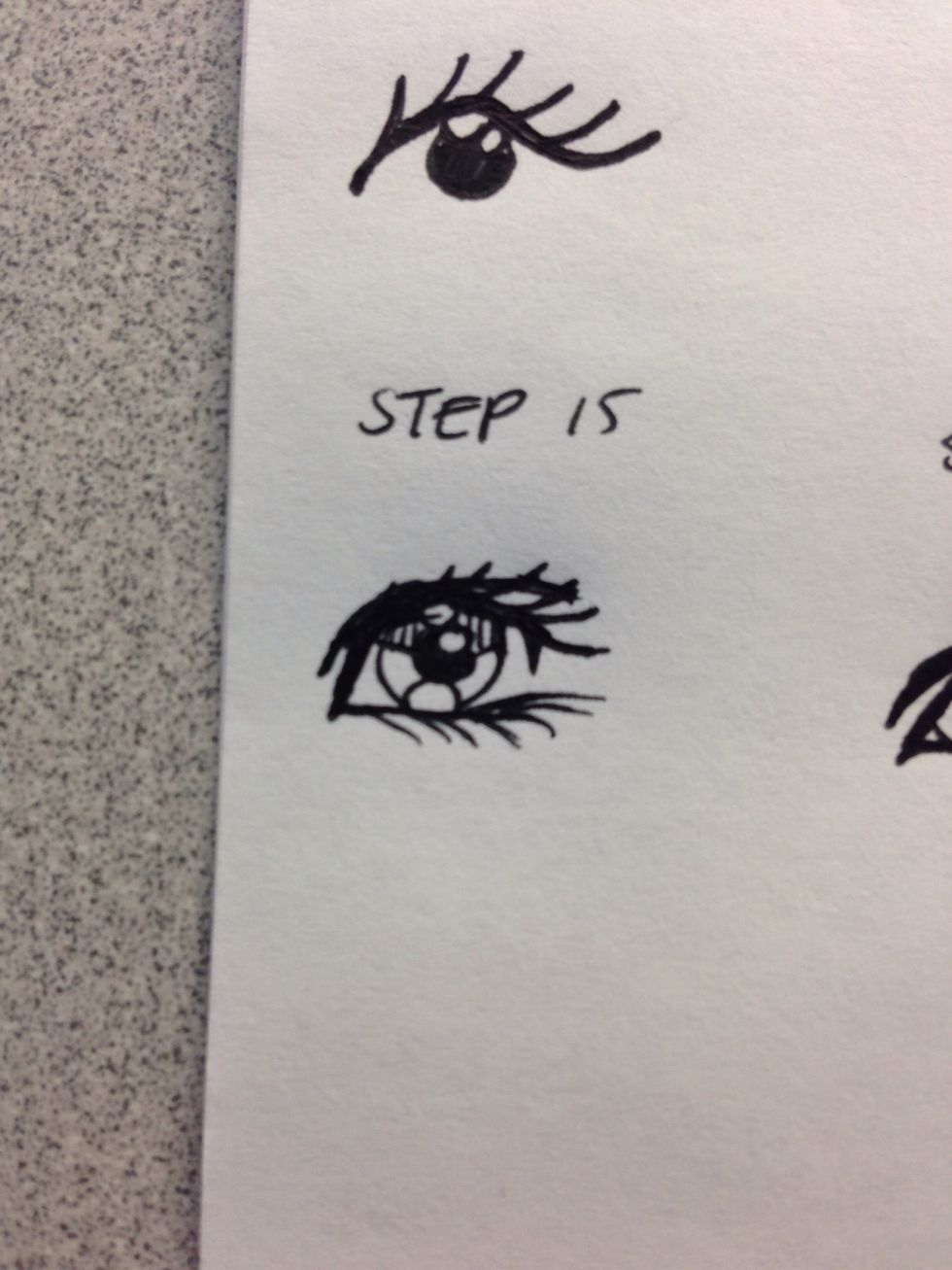 Step 15 Going into detail A method i use for shading is drawing straight lines inside where i would want it to be shaded in the future or for now Instead of filling it in like the pupil