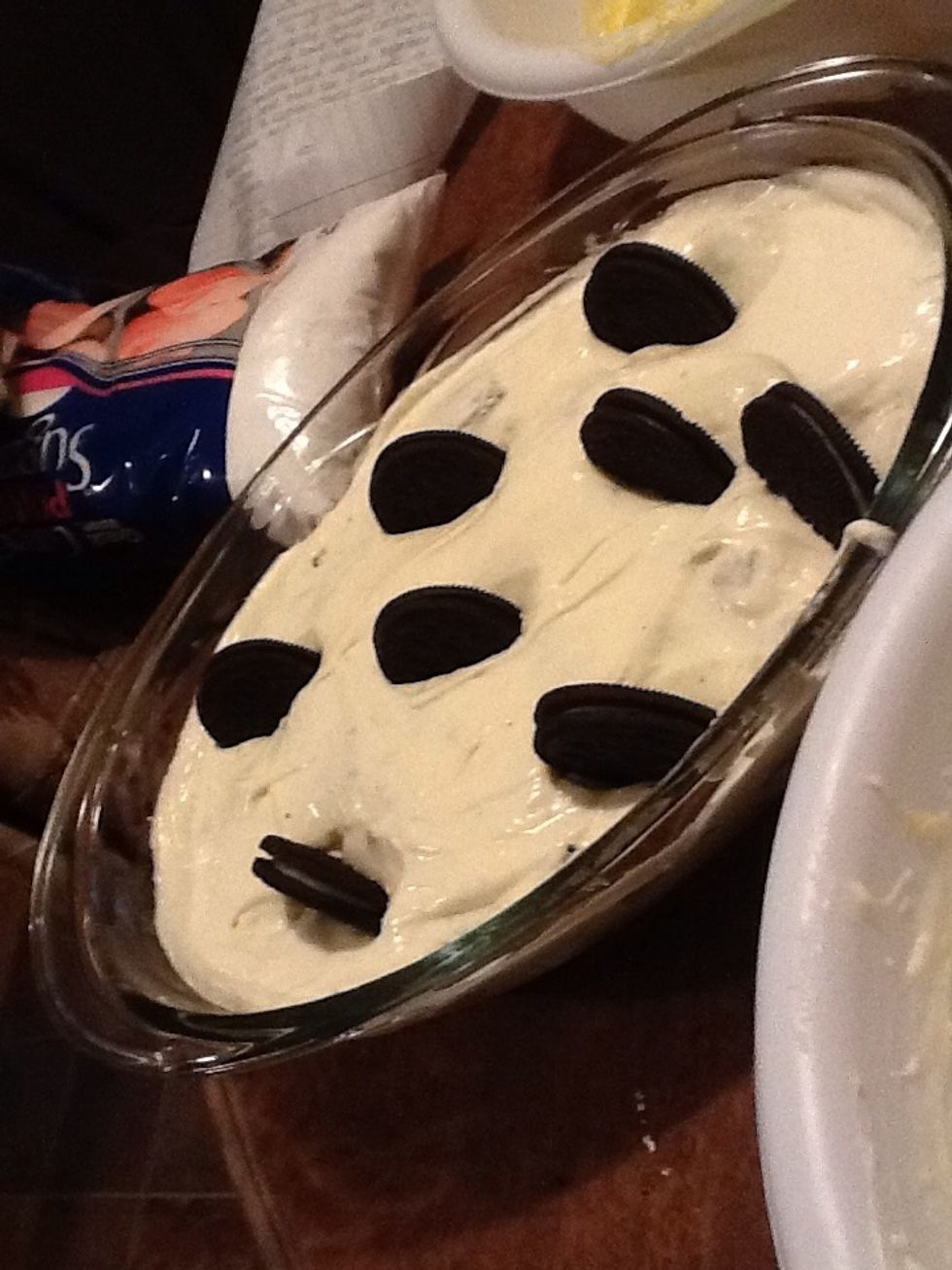 Step 16- add the set aside Oreos to the top of the mixture.
