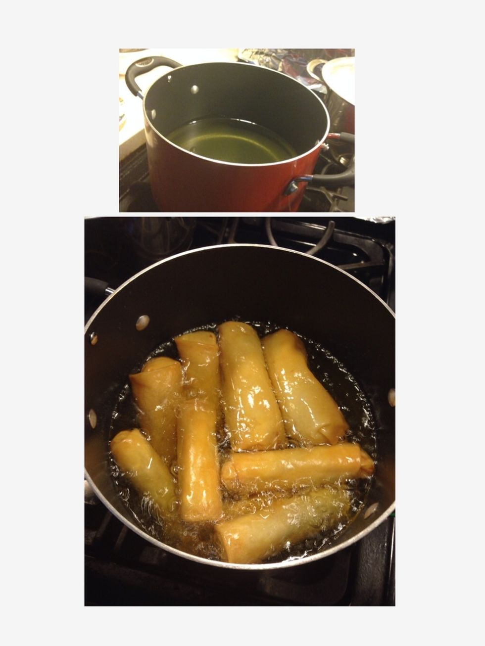 Step 18: Put pot on medium heat for 2-3 minutes. You will know is it hot when you test it with an egg roll. It should sizzle. Place in the egg rolls.