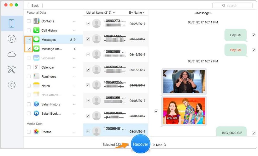 Step 2. All iPhone data will display after scanning > choose Messages and Messages Attachments you want to recover > set the export path > click Recover button to start.
