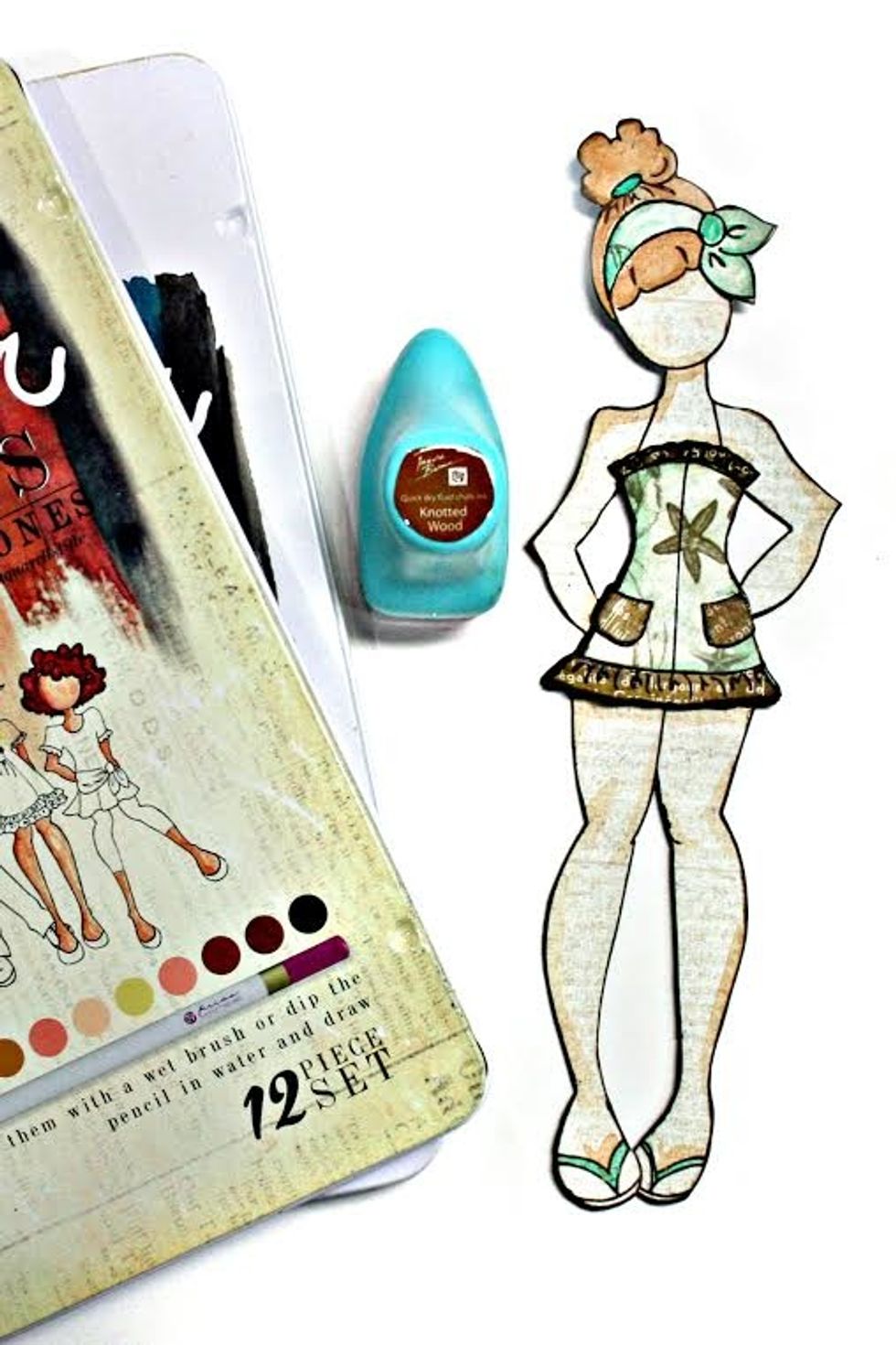 Step 2: Assemble Doll and Clothes, as shown. Take care to keep glue off of ruffles. After drying, bend ruffles for dimension. Add shading with watercolor pencils. Ink all edges.