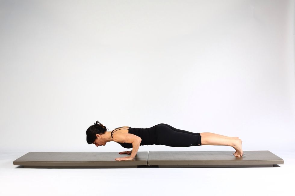 STEP 2. Bend elbows and lower only to where form is maintained. Breast bone and pubic bone lower at same time. Do as many as you can  and add a few reps each day .