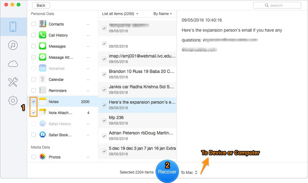Step 2. Check \u201cNotes & Note Attachment\u201d after scanning, select the deleted notes you want to recover and click \u201cRecover\u201d in blue.