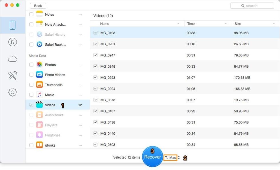 Step 2. Choose Videos after scanning > select deleted videos you want to recover > set the export path > click Recover to start.