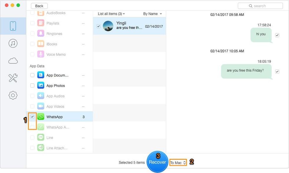 Step 2. Choose WhatsApp and WhatsApp Attachments after scanning > select the WhatsApp messages you want to recover > set the export path > click Recover button to start recovering.