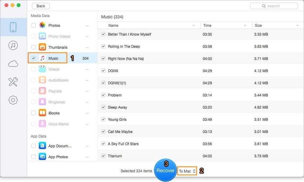 Step 2. Click Music after scanning > select the deleted music you want to recover > set the export path > click Recover button to start recovering.