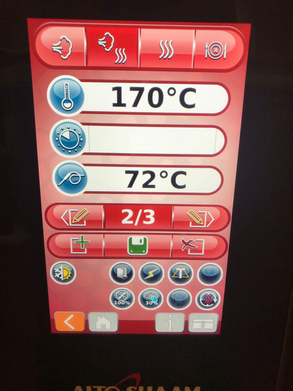Step 2: Combi 170C (340F) 30% humd. 100% fan with a probe set temperature of 72C (161F).