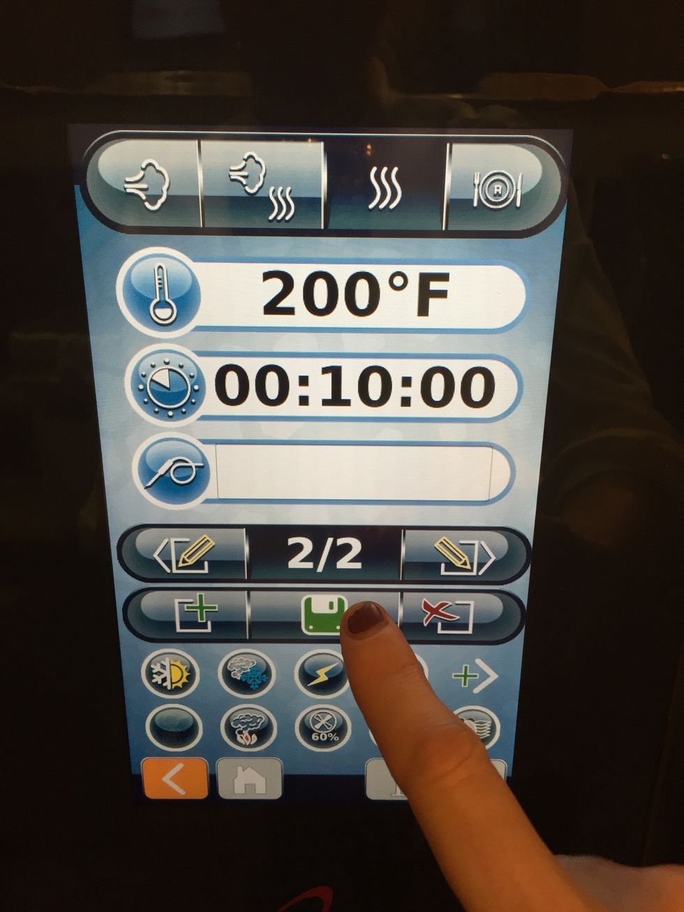 Step 2: Conv. 200F (93C) - 10 min. - Smoker OFF. Place salmon in the CTP and start program.