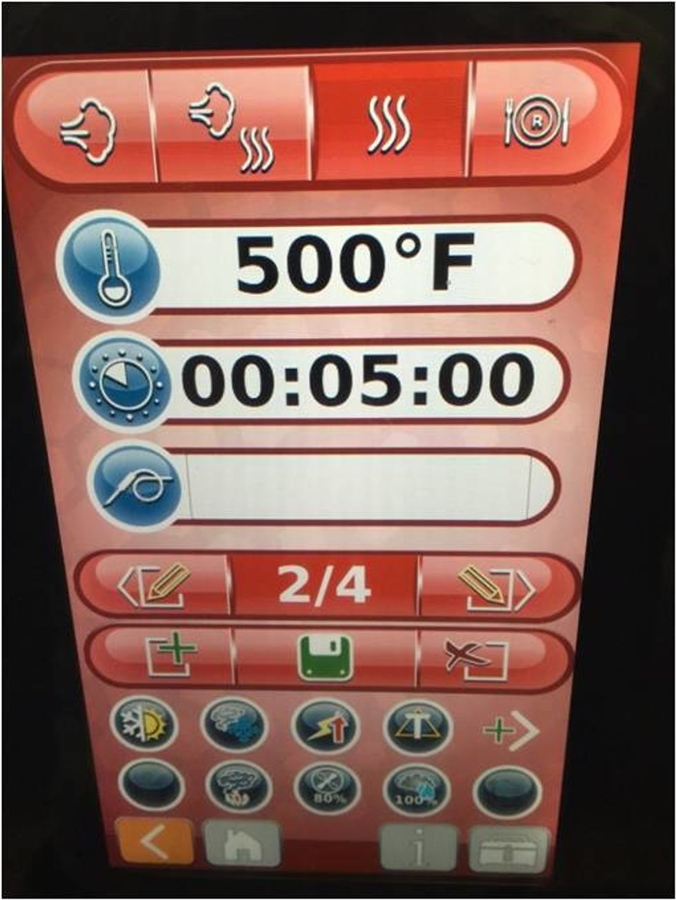 Step 2: Convection-500F (260C) - 5min. - 80% fan- 100% humidity- TURBO mode