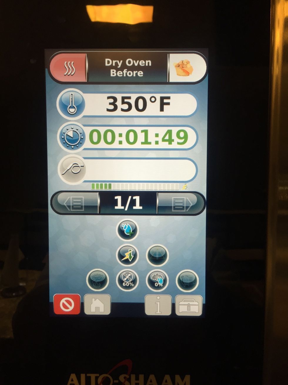 Step 2: Convection Mode 350F (177C), 60% Fan, 0% Humidity, 2 Minutes **This step is to remove excess humidity from oven.