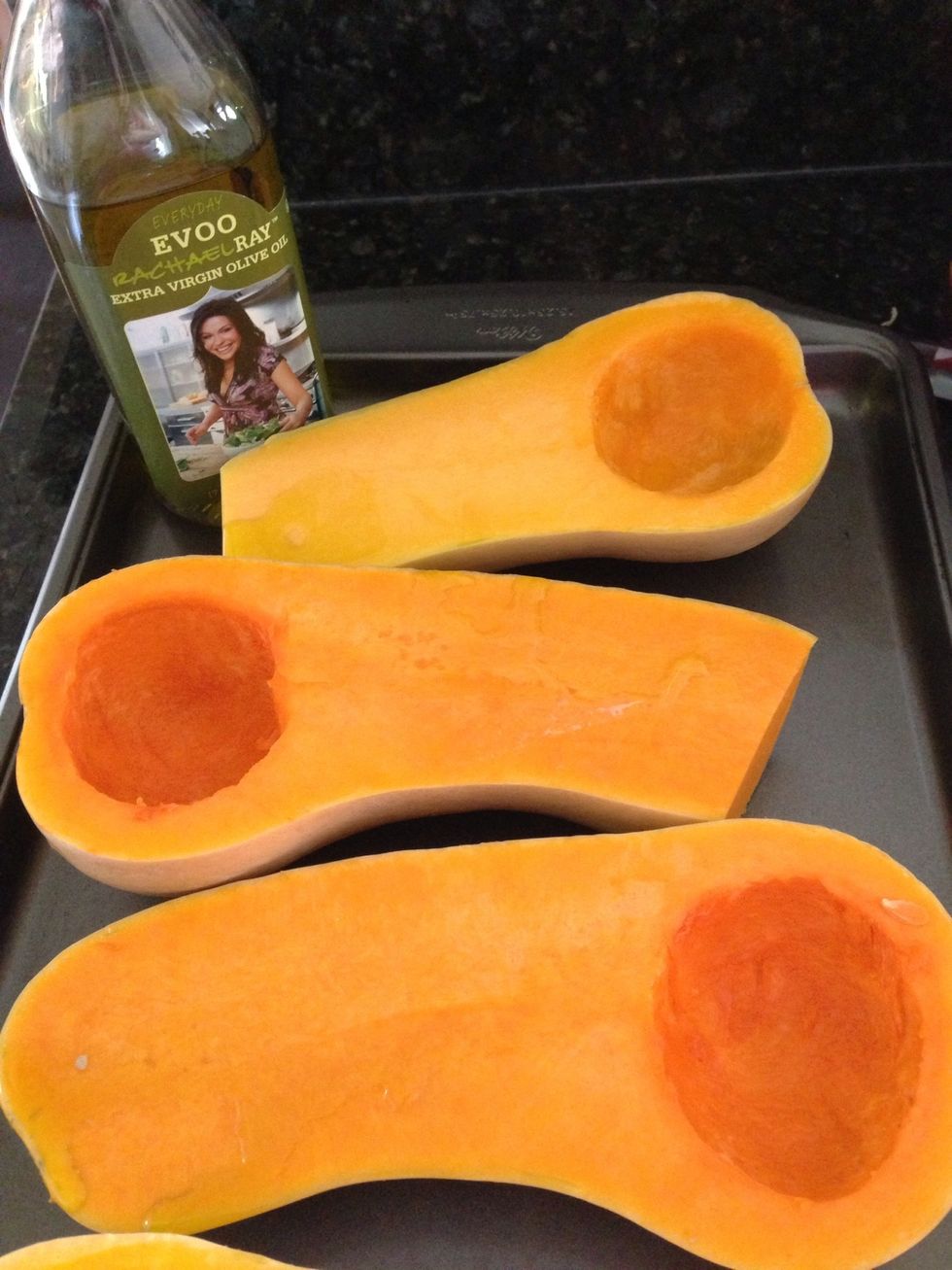 Step 2: Drizzle a little olive oil over the top of the squash for roasting. You can also use an olive oil pump bottle to spray the squash.