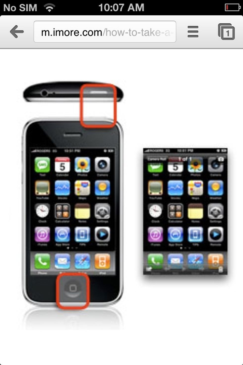 Step #2. Hold down the power button at the top right and the home button at the same time. There should be a camera shutter sound if you do it correctly. Screenshot credit: imore.com.