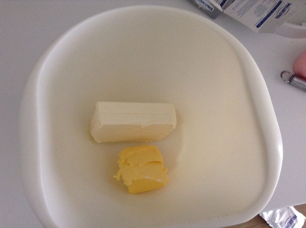Step 2 - Place 250g of cream cheese, and 80g of butter in the bowl.