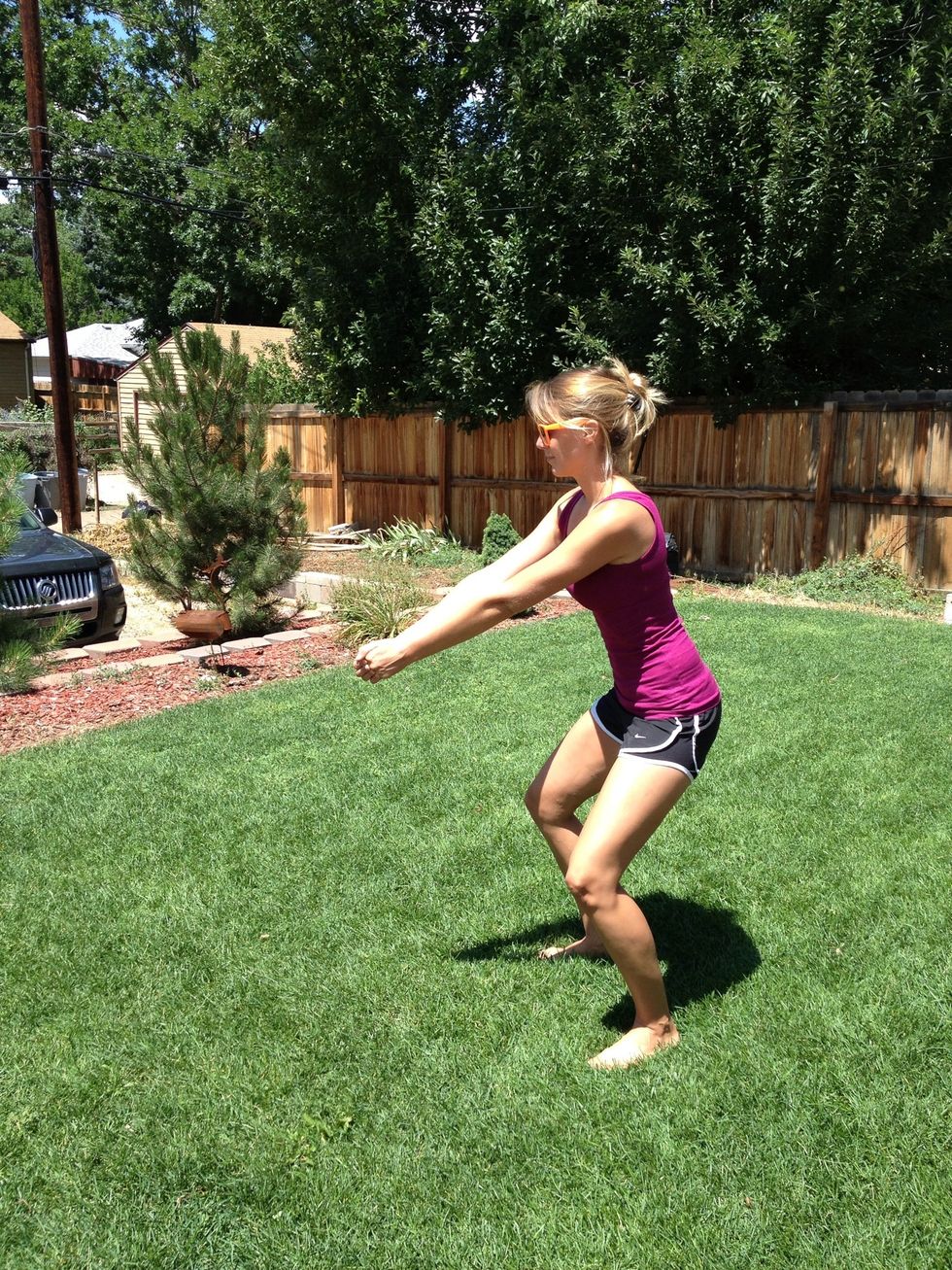 Step 2: Put your arms out straight in front of you with knees bent. Now put your four fingers perpendicular to each other and put your thumbs parallel to each other. No loose fingers!