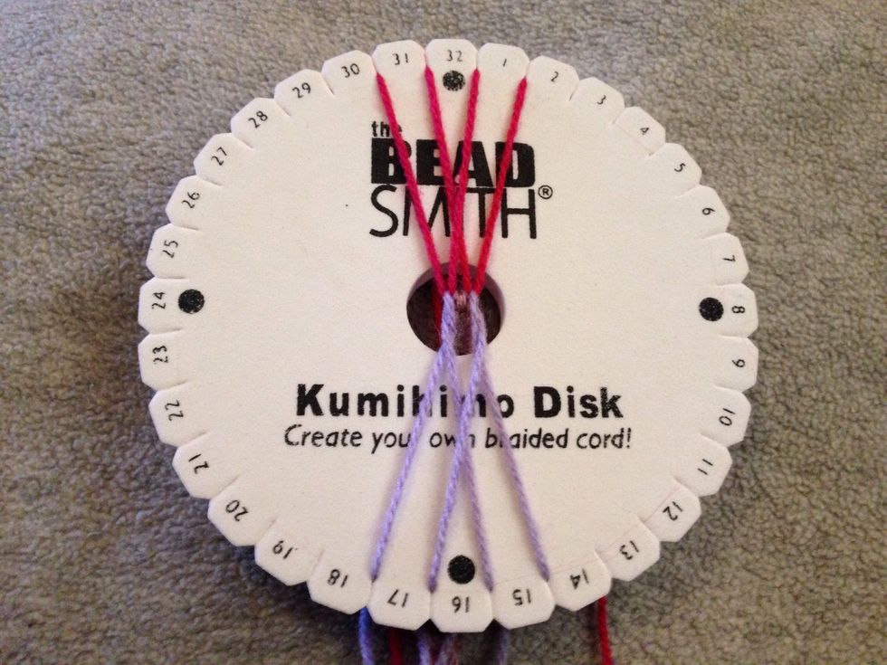 STEP 20 - Then bring thread 2 down and over to slit 16, this should form the cross over again. REPEAT STEPS 11 to 20 until your desired length is reached.