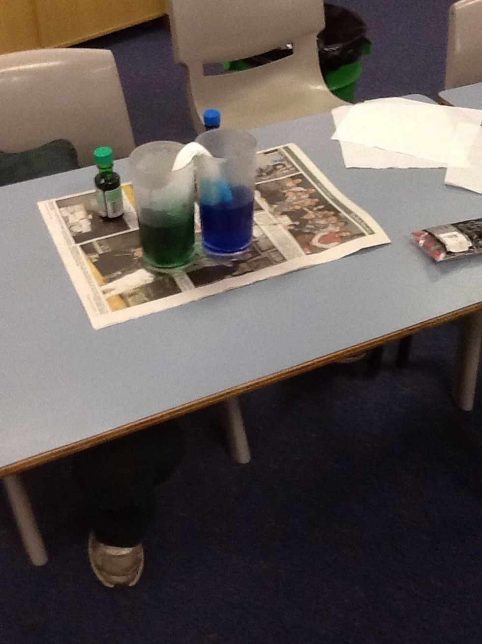 Step 3. Add a couple of drops of dye into each glass. We used two different colours. Step 4. Bend the tissue into a 'v' shape facing down. Place tissue ends into each glass as seen in the photo.