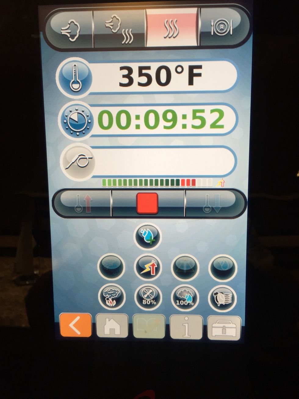 Step 3: Convection Mode 350F (177C), 80% Fan, 100% Humidity, 10 Minutes in Turbo Energy Mode.