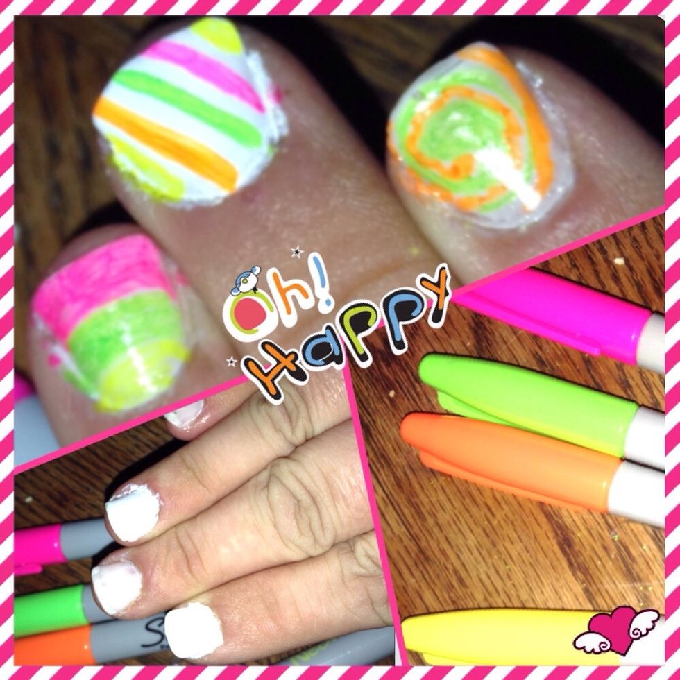 Step 3- Draw designs on nails with Neon Sharpies. Go wild, have fun! Teens and kids can do each other's nails. This is great for parties, sleepovers, etc.