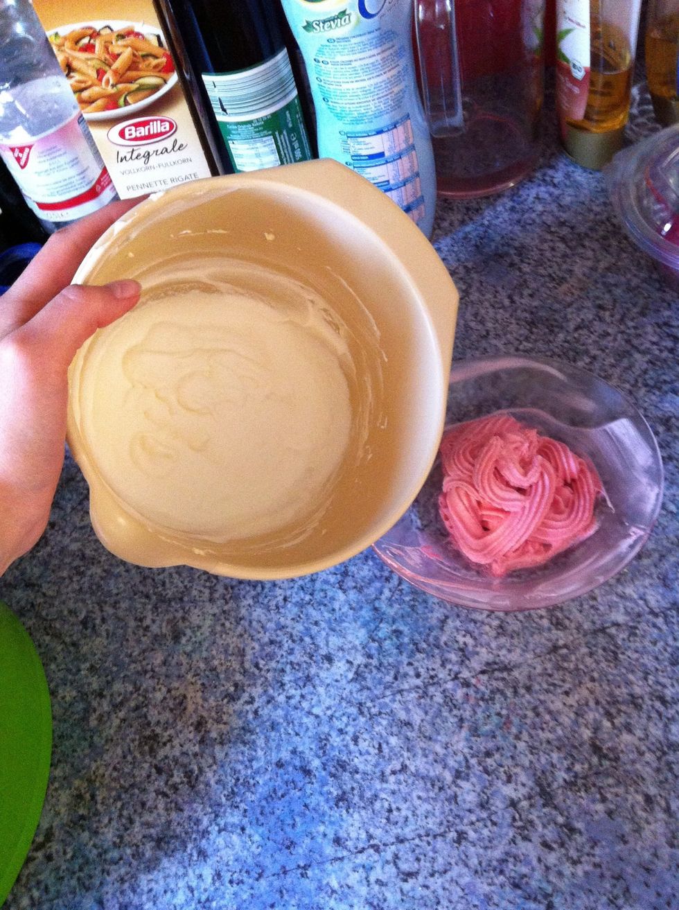 Step 3: Make Buttercream icing. I made pink and white and mixed them together. You can also buy ready made icing at the store, if you don't want to make your own.