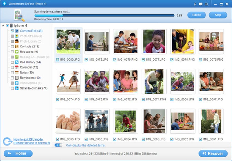 Step 3: Preview & selectively recover files After scanning the device the found data will be displayed in categories like contacts, messages, call history, camera roll, notes, voice memos and safari
