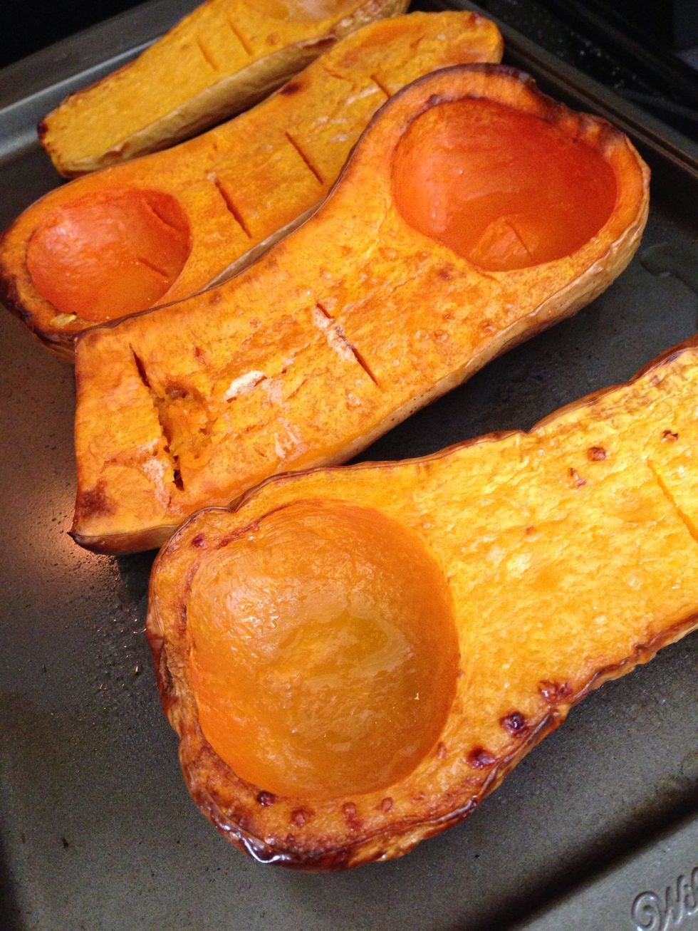 Step 3: Roast the squash in a 400 degree oven for 40-60min. (Time may vary depending on oven and size of squash). Squash should look like above and a butter knife should cut through the squash easily.