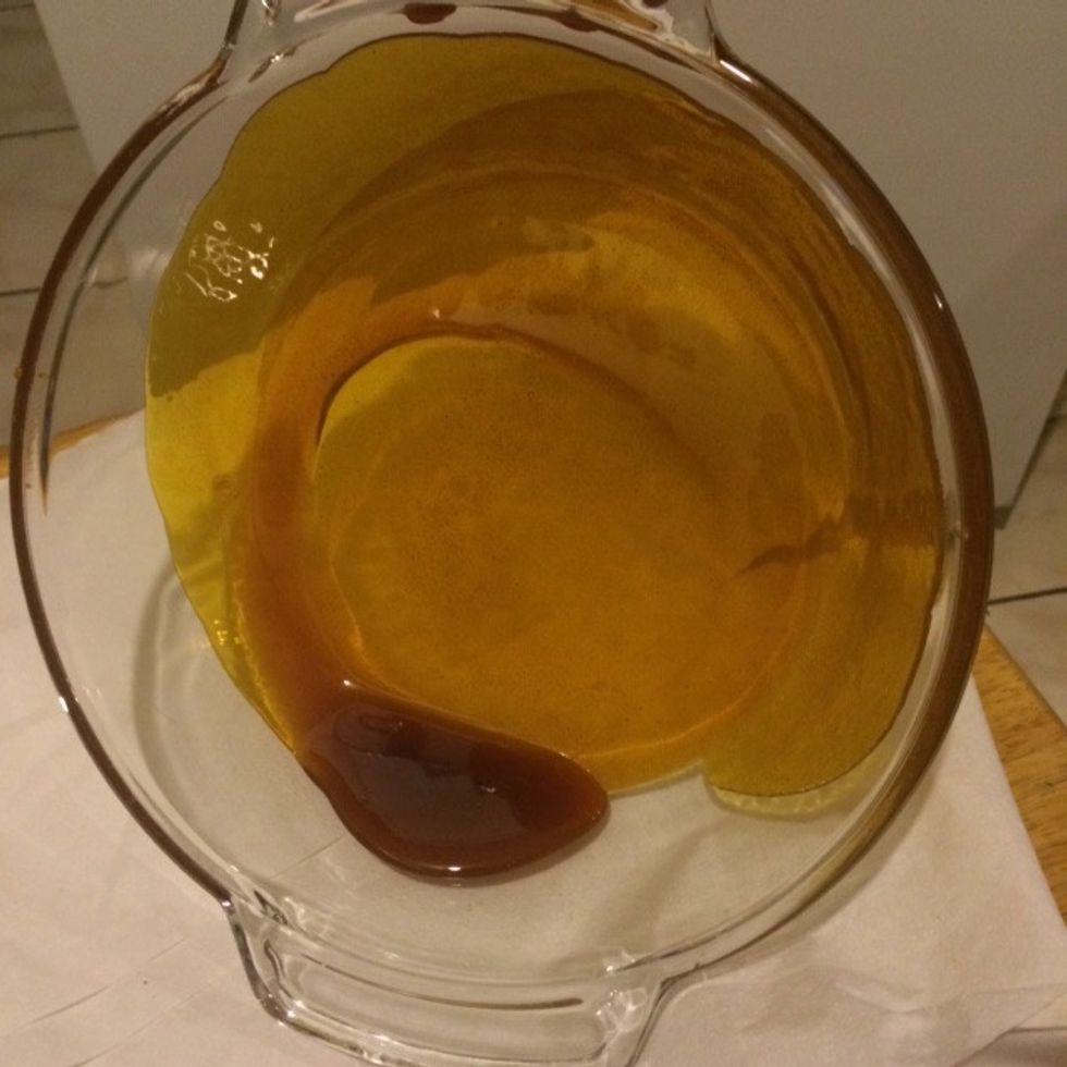 Step 3: Swirl the baking dish around carefully to get the caramel all the way around the pan. Then set it aside to cool and start the flan mix.