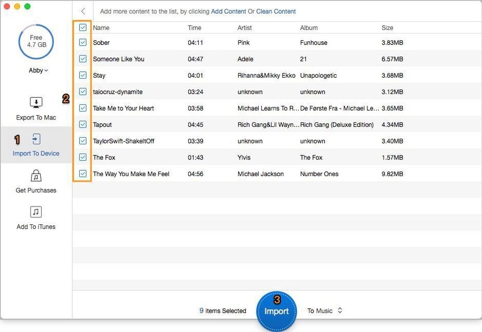 Step 3. You can browse the music you selected > click Import button to start transferring music from computer to iPhone 8/X.