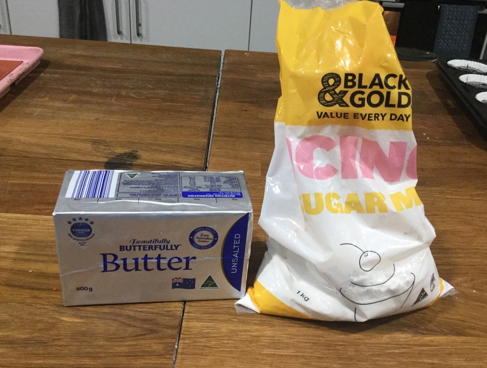 Step 30: Once you put the shells in the oven it\u2019s time to make the cotton candy buttercream filling. For this you will need your 200grams of unsalted butter and 500grams of icing sugar.