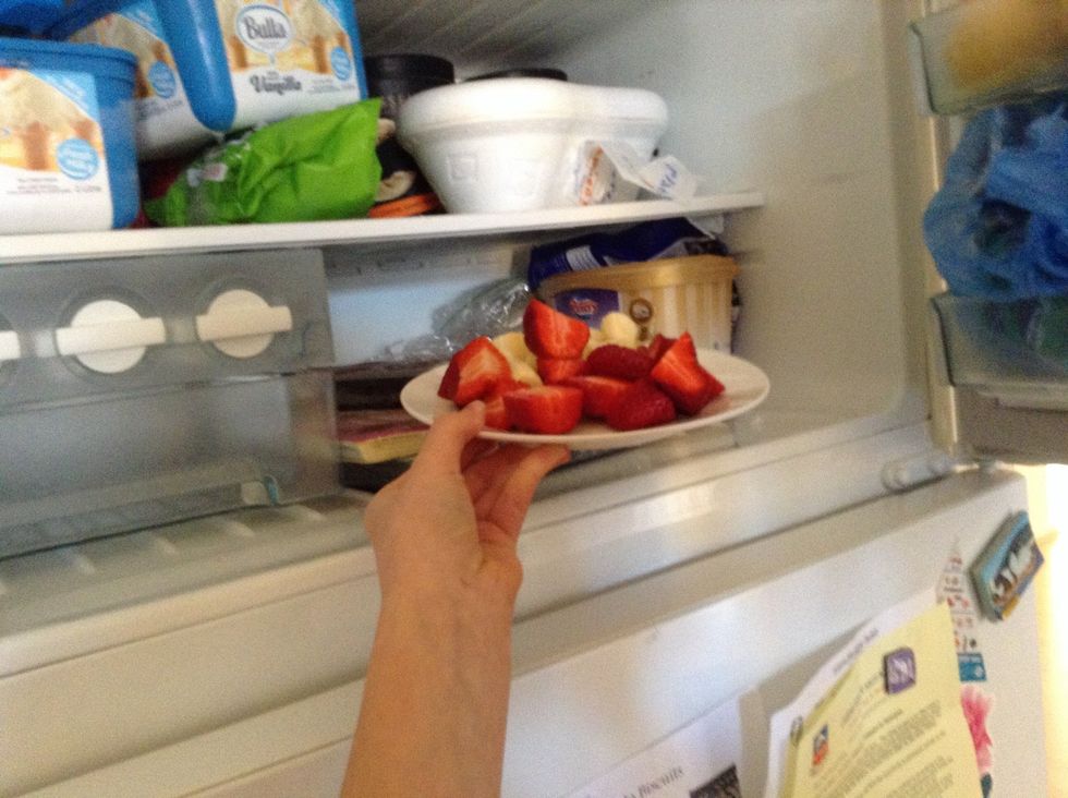Step 4. After you have your bananas and strawberries cut, place them on to your plate\u00a0 and put them in the freezer for about 2/3 hours.