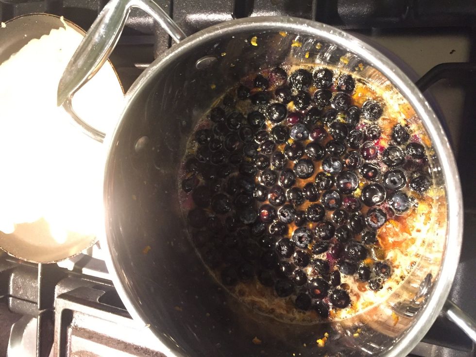 Step 4 continuing with syrup: Reheat syrup over medium heat until simmering add blueberries. Simmer gently until blueberries are heated through. Remove from heat