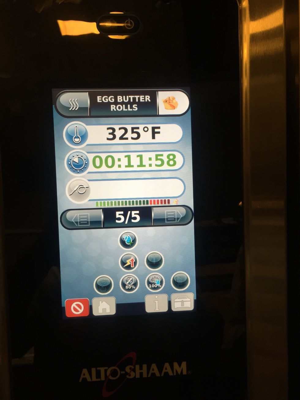 Step 4: Convection mode 325F (163C), 60% fan, 100% humidity, 5:30 minutes (muffin tin) 10:00 Minutes (sheet pan), turbo energy mode