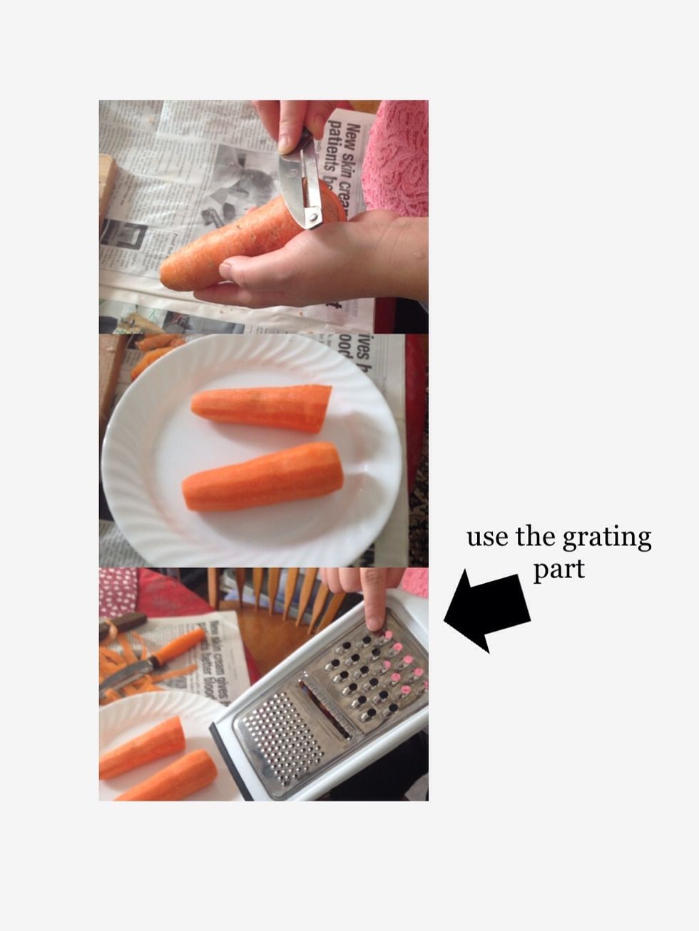 Step 4: Peel and grate your large carrots into a large plate or bowl. You should have about 2 cups.