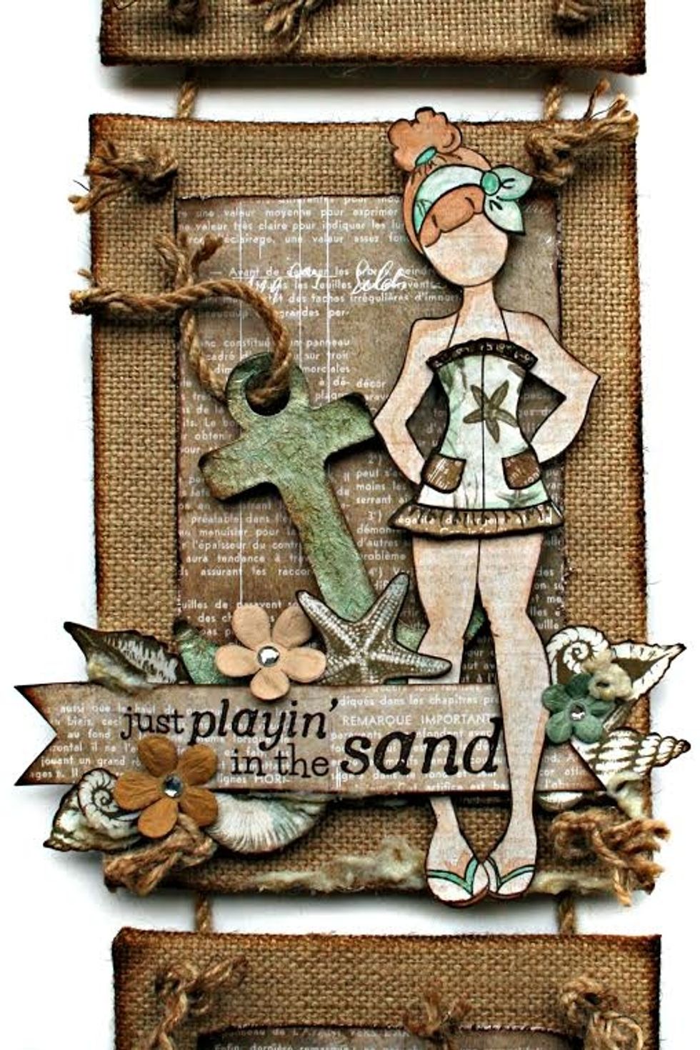 Step 5: Cut seashells from French Riviera paper. Ink Edges. Assemble as shown using foam tape for added dimension where needed. Add White Sand Texture Paste to finish the look.