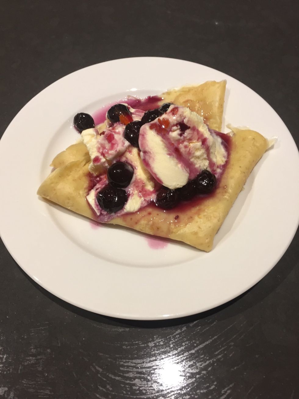 Step 5 Putting the Crep\u00e8 Together: Fold crep\u00e8s into quarters. Place onto plates. Top with ice cream and spoon over syrup and serve immediately