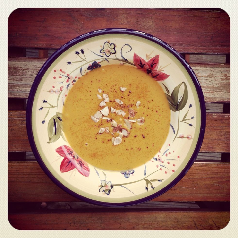 Step 5: The bisque can be warmed on the stove (additional spice or sugar to taste can be added) and served with a dash of cinnamon and candied slivered almonds. ~Enjoy!