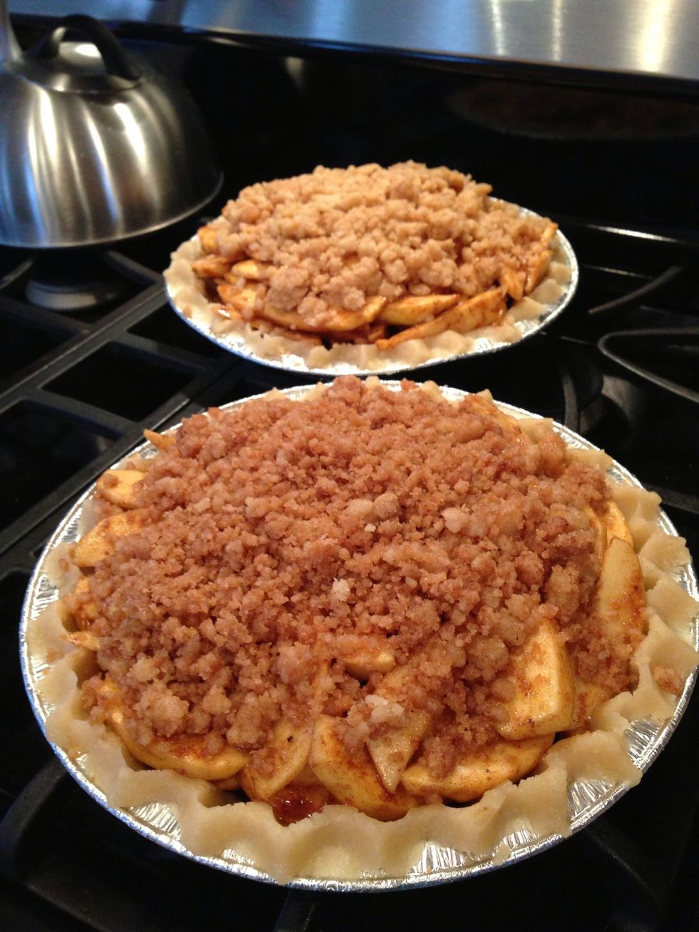 Step 6: fill with your favorite filling. I chose to make an apple pie with the apples we picked over the weekend. Add cinnamon and brown sugar to the remaining dough and crumble on top of pie filling.