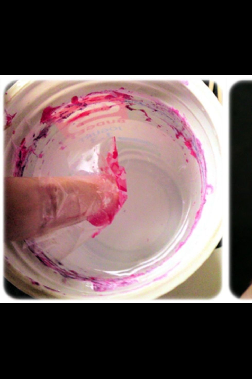 Step 6: With your finger still in the water, gently blow in the surface of the water so the polish will dry. Take your toothpick & scoop up the excess polish (this prevents the design from smearing)