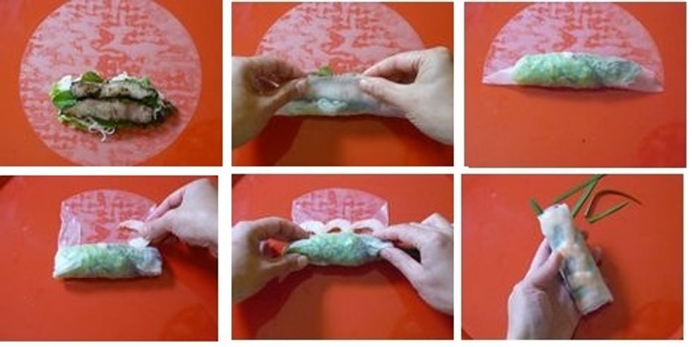 Step 7. Leave about 2cm on the bottom and side edges and 4cm on the top edge. Fold bottom edge up, side edges over and pull top edge over and around to enclose ingredients.