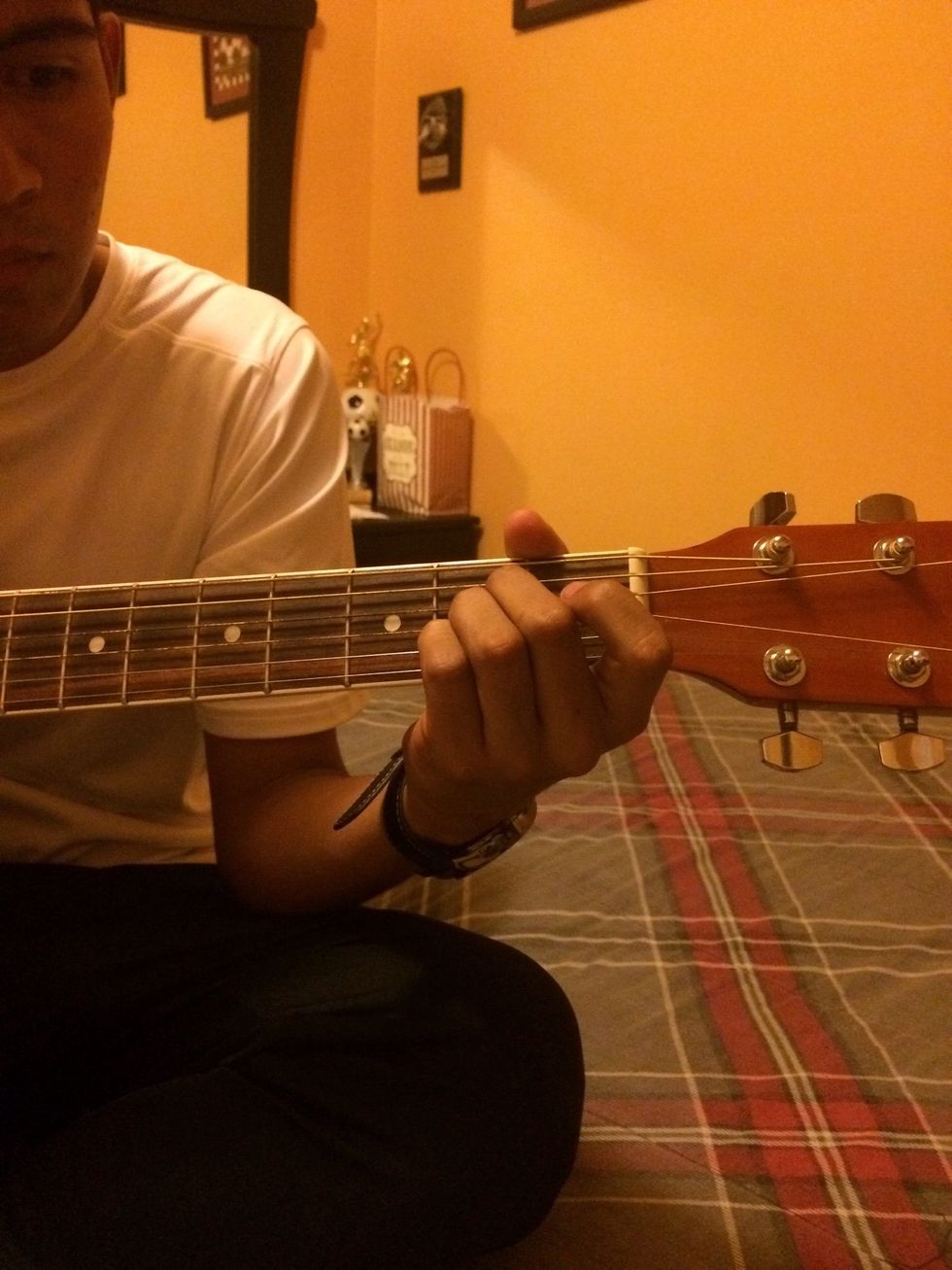 Step 7: place fingers in A position,all in 2nd fret, in D,G, B string Picture:A chord (La)