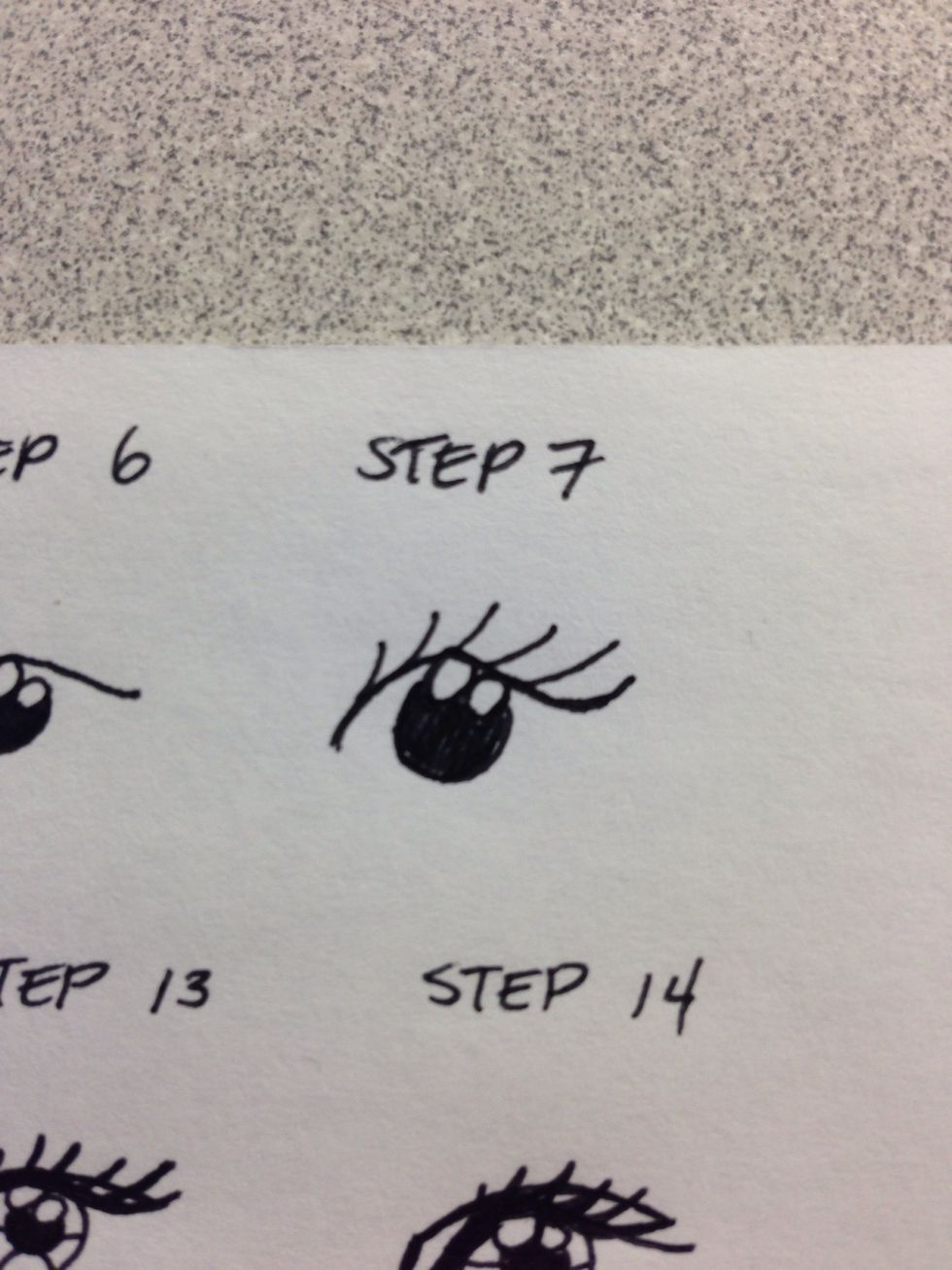 Step 7 (write yes keep on keepin on) Ok draw some lashes ! Take ur time if needed but i like to draw my lashes slightly curved and going away from the eye left to right starting each lash at the line